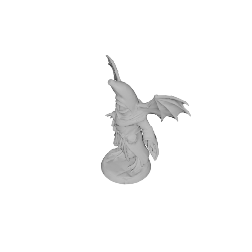 A winged, hooded 3D tabletop miniature on a base, generated by Miniwright, shown as untextured printable geometry in a three-quarter view.
